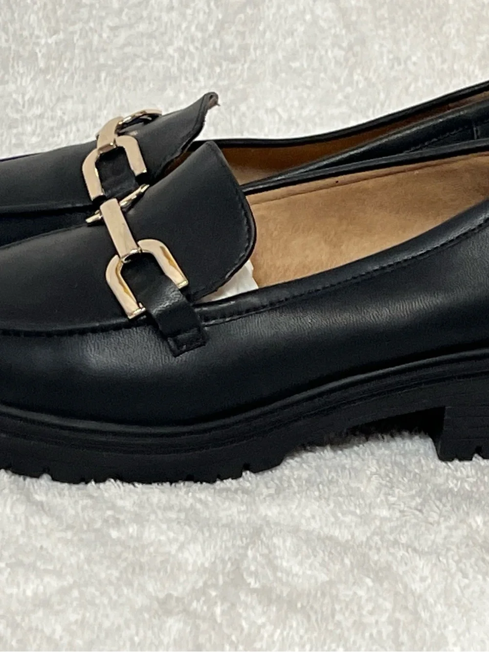 Rachel Zoe Black Leather Loafers with Gold Chain Detail